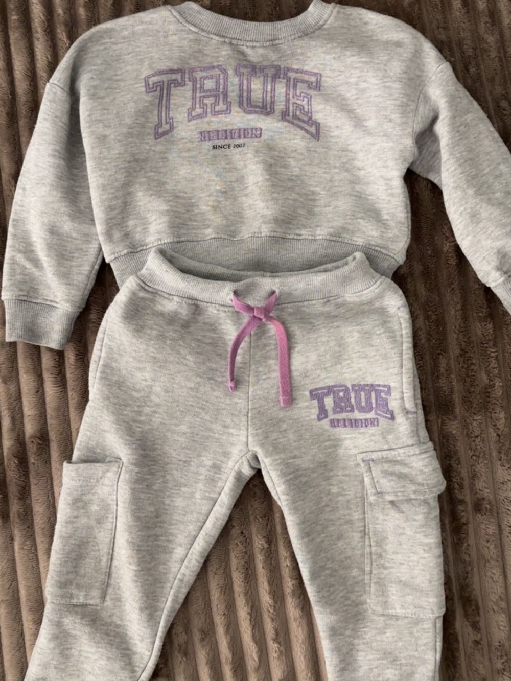 True Religion Grey Crop Top Sweatshirt & Joggers Set with Purple Details